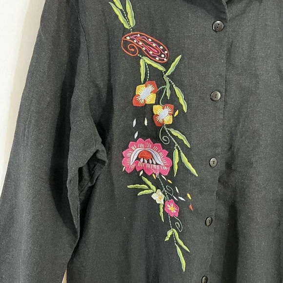 A.K.L. Black Linen Blend Colorful Flower Embroidered Button Up Shirt Womens 2X - Picture 4 of 9